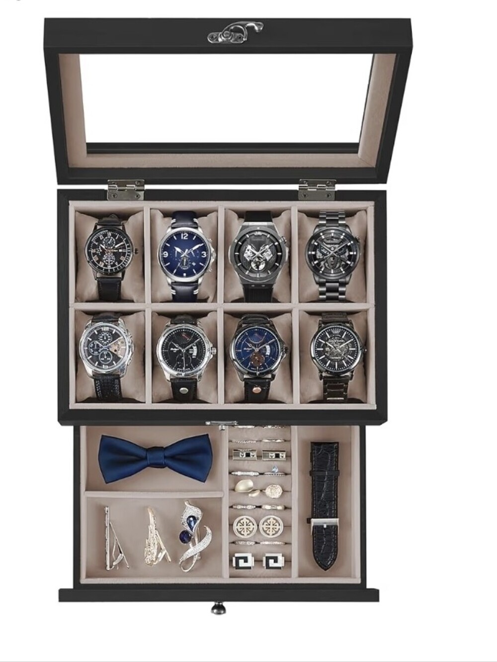 2-tier Jewelry Case Organizer With 8-Slot Watch Box, Glass Lid & Cream Lining